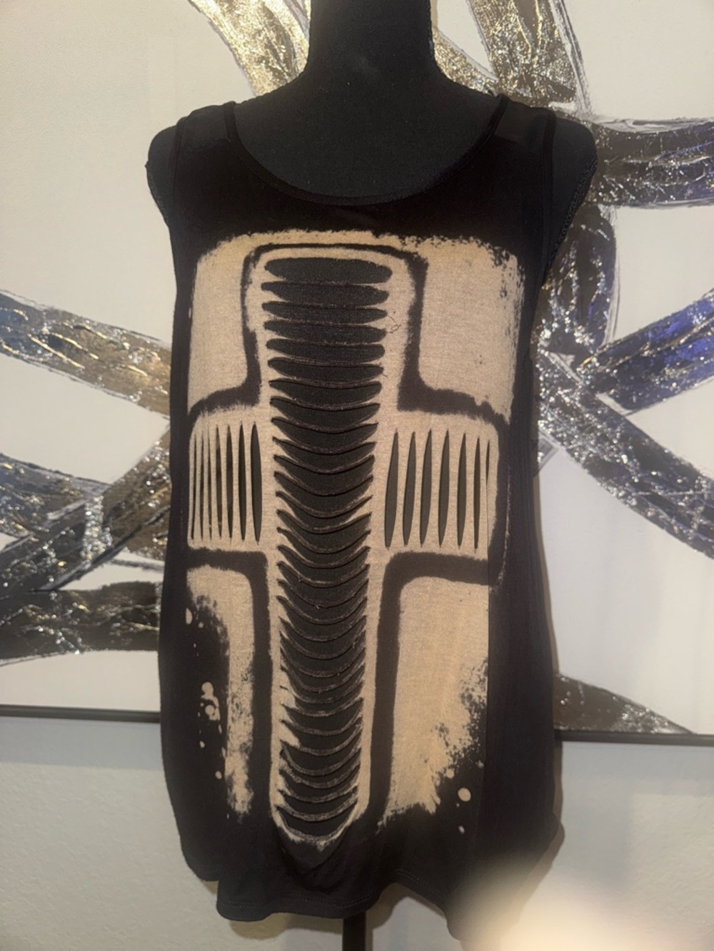 Double Zero Black Tank Top with Cream Graphic Cutout Cross